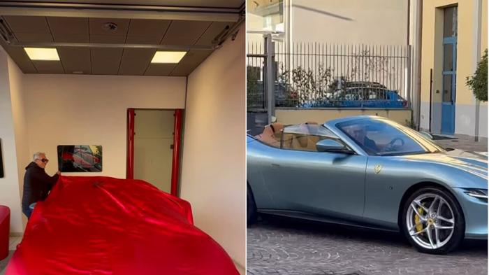 Fedez svela la sua nuova Ferrari Roma Spider celeste retrò