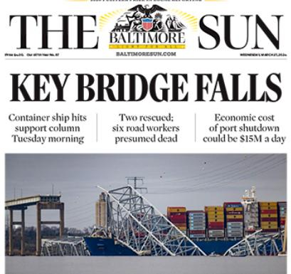 La prima pagina del Baltimore Sun, il quotidiano simbolo della città