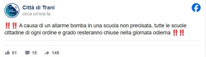 Scuole chiuse oggi a Trani, il messaggio sui social