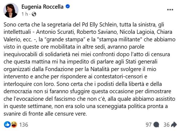 Eugenia Roccella su Fb