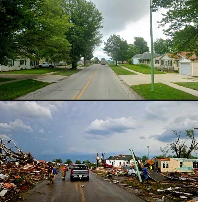 Greenfield prima e dopo il passaggio del tornado (Foto da X, ex Twitter)