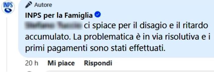 Il messaggio dell'Inps in risposta a un utente su Facebook