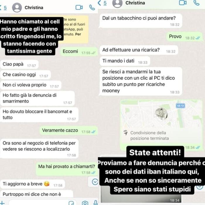 Screenshot della conversazione Whatsapp tra Christina Bertevello e il padre