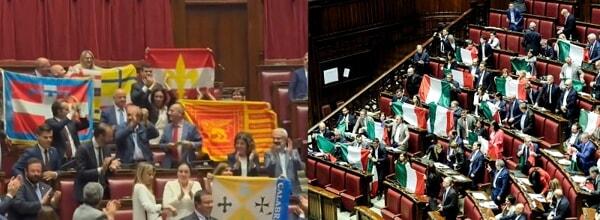 approvazione ddl autonoia differenziata. A destra le opposizioni (foto LaPresse) a sinistra la LEga (screen da video X)