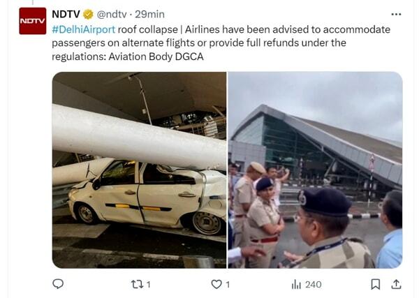 crollo aeroporto in india_ fonte @NDTV su X 2