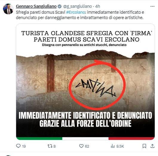 Firma muro scavi Ercolano, post del ministro Sangiuliano - X