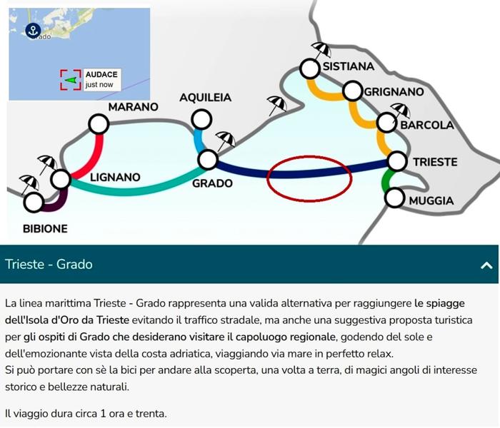 Il percorso della nave e nel cerchio rosso la zona dell'incidente