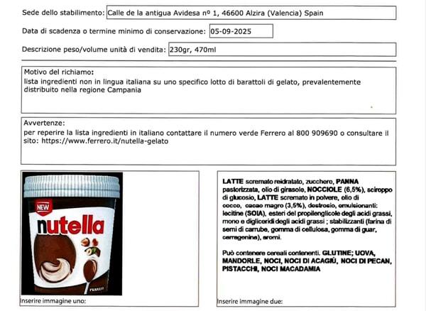 richiamo nutella gelato - fonte ministero della salute