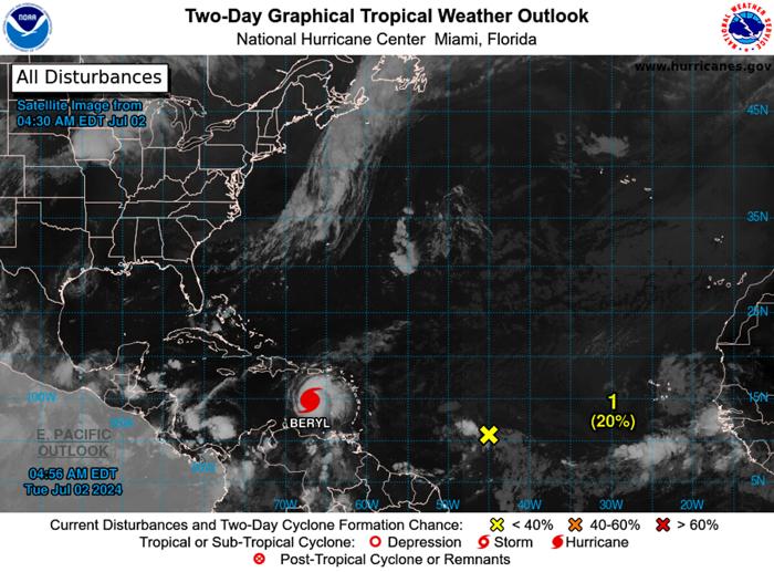 La mappa pubblicata sul sito dell'American National Hurricane Center (NHC