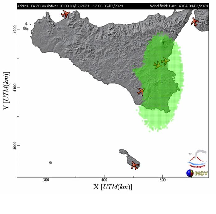 Le previsioni sullo spostamento della nube di cenere dell'eruzione dell'Etna a Catania