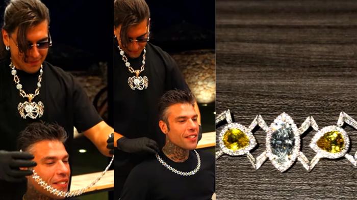 Fedez investe in gioielli di lusso: il girocollo di diamanti e zaffiri arancioni e gialli