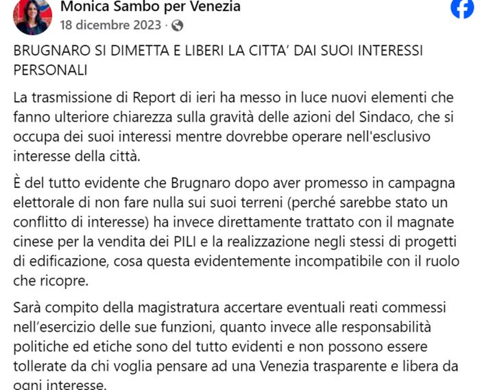 Monica Sambo chiede le dimissioni di Brugnaro Fb