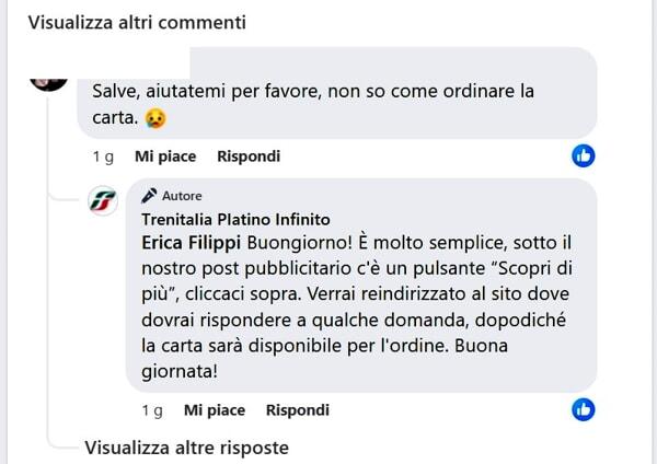 truffa treni pagina fb  trenitalia platino infinito