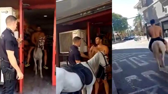 Uomo fa la spesa in supermercato cavalcando un cavallo