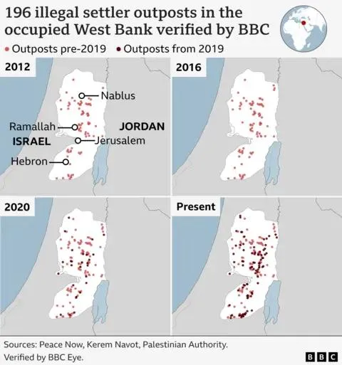 Quattro mappe che mostrano l'ubicazione degli avamposti dei coloni nella Cisgiordania occupata, verificate dalla BBC, in quattro anni: 2012, 2016, 2020, 2024.