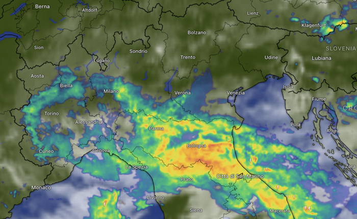 Il ciclone Boris sull'Appennino a sud di Bologna.(foto Windy.com)