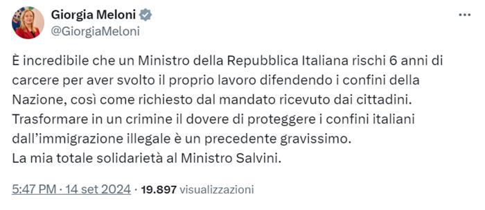 Il post su X di Meloni sul processo Open Arms