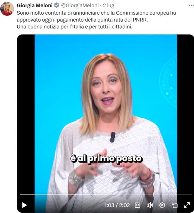 Il video in cui Meloni afferma che l'Italia è prima in Europa nella spesa Pnrr