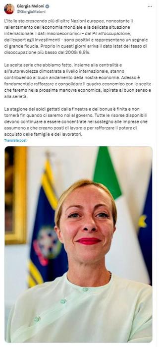 Post Giorgia Meloni crescita pil 2° trimestre 2024 - X