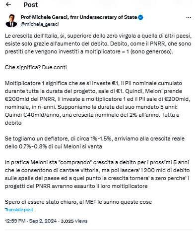 Post Michele Geraci su pil Italia 2° trimestre 2024 - X