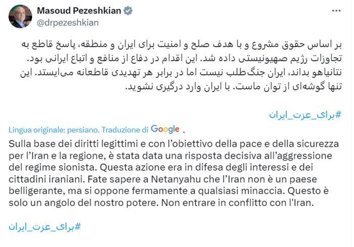 Il post su X del presidente iraniano Pezeshkian